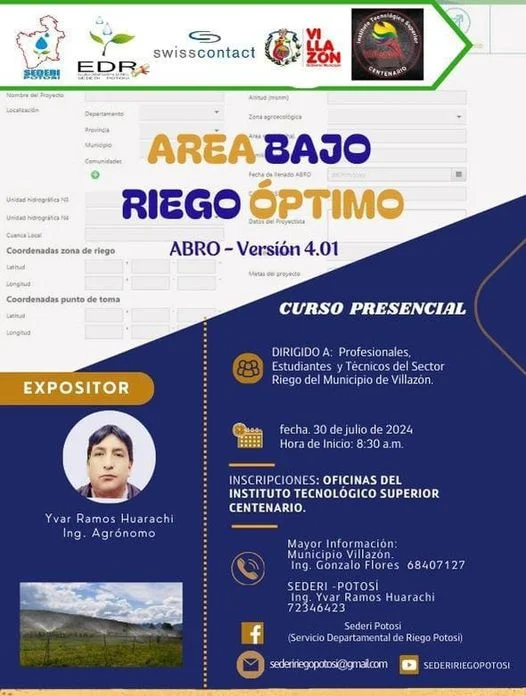Curso CÁLCULO DEL ÁREA BAJO RIEGO ÓPTIMO «ABRO -4.01», en Potosí, el 30-julio
