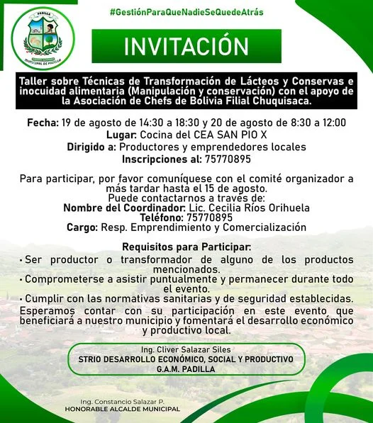 Taller TÉCNICAS DE TRANSFORMACIÓN DE LÁCTEOS, en Chuquisaca, el 19 y 20-agosto