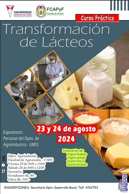 Curso TRANSFORMACIÓN DE LÁCTEOS, en Cochabamba, el 23 y 24-agosto