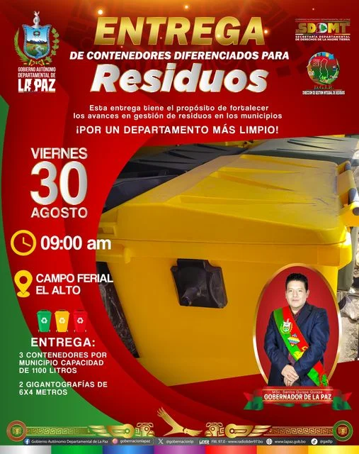 Entrega de CONTENEDORES DIFERENCIADOS PARA RESIDUOS, en La Paz, el 31-agosto