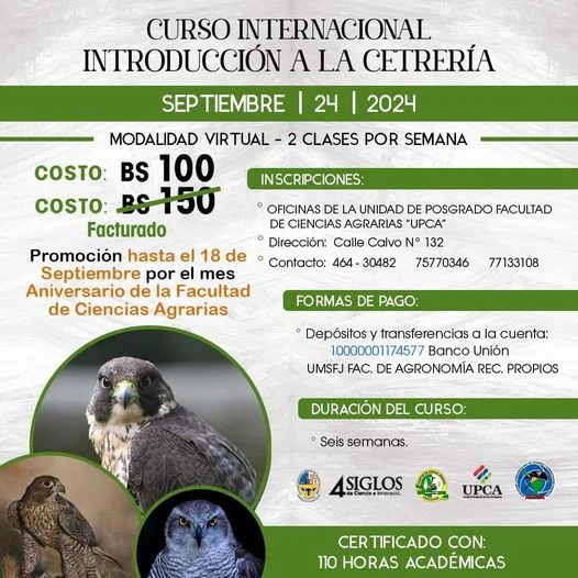 Curso INTRODUCCIÓN A LA CETRERÍA, virtual, inicia el 24-sept.