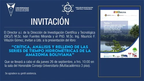 Presentación del libro CRÍTICA, ANÁLISIS Y RELLENO DE LAS SERIES DE TIEMPO HIDROMÉTRICAS, en Cochabamba, el 26-sept.