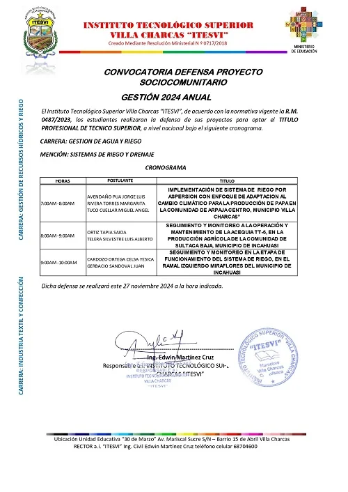 Defensas de Proyectos de Grado CARRERA: GESTIÓN DE AGUA Y RIEGO, en Villa Charcas,- Chuquisaca, el 27-nov.