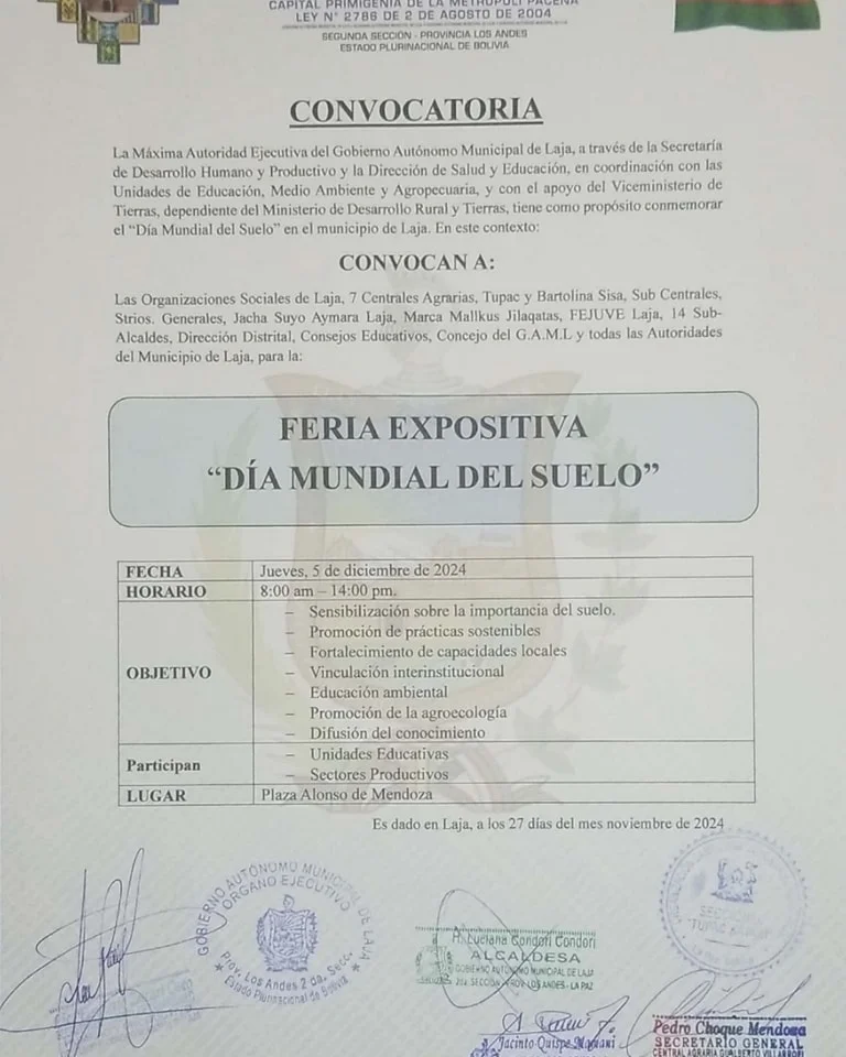 FERIA EXPOSITIVA DÍA MUNDIAL DEL SUELO,  en Laja – La Paz, el 5-dic.