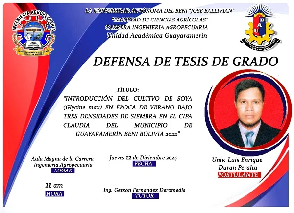 Tesis INTRODUCCIÓN DE SOYA EN ÉPOCA DE VERANO, en Guayaramerín – Beni, el 12-dic.