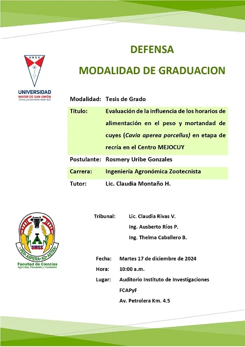 Defensa de Tesis HORARIOS DE ALIMENTACIÓN EN EL PESO Y MORTANDAD DE CUYES, en Cochabamba, el 17-dic.
