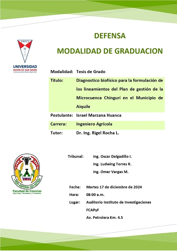 Defensa de Tesis PLAN DE GESTIÓN DE LA MICROCUENCA CHINGURI EN AIQUILE, en Cochabamba, el 17-dic.