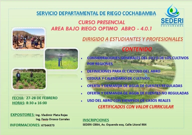 Curso ÁREA BAJO RIEGO ÓPTIMO ABRO – 4.0.1, en Cochabamba, el 27 y 28-febrero