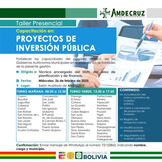 Capacitación PROYECTOS DE INVERSIÓN PÚBLICA, en Santa Cruz, el 26-febrero