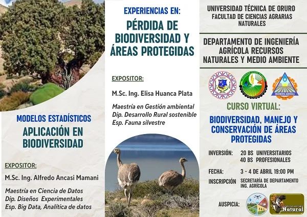 Curso BIODIVERSIDAD, MANEJO Y CONSERVACIÓN DE ÁREAS PROTEGIDAS, virtual, el 3 y 4-abril