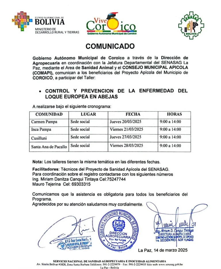 Taller LOQUE EUROPEA (APICULTURA), en Coroico – La Paz, el 20 y 21-marzo