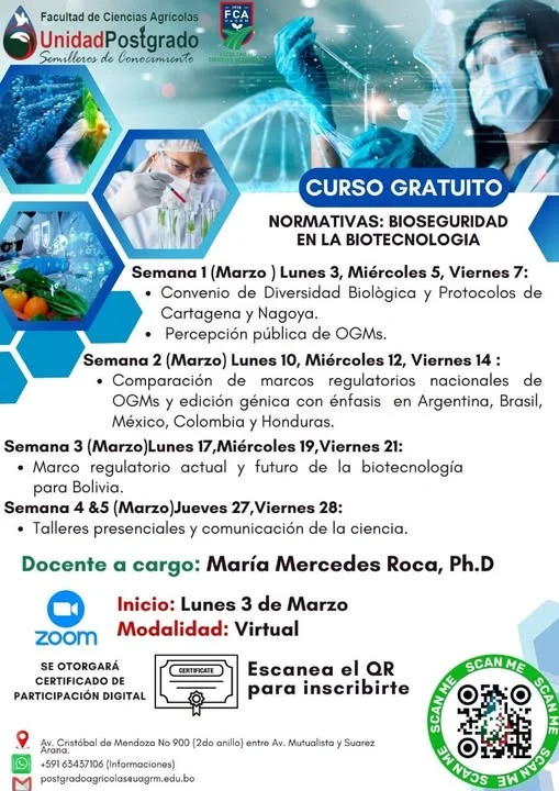 Curso NORMATIVAS DE BIOSEGURIDAD EN LA BIOTECNOLOGÍA, virtual, inicia el 3-marzo