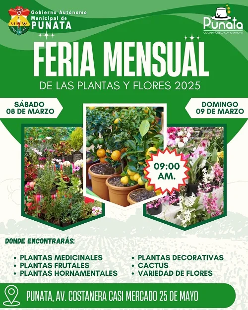 FERIA MENSUAL DE LAS PLANTAS Y FLORES PUNATA 2025, en Cochabamba, el 8 y 9-marzo