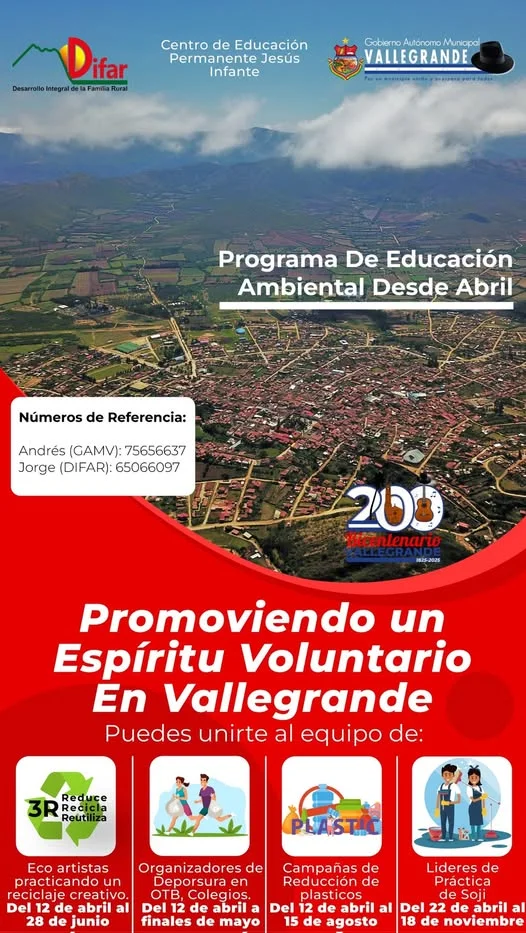 PROGRAMA DE EDUCACIÓN AMBIENTAL en Vallegrande – Santa Cruz, del 17 al 30-abril