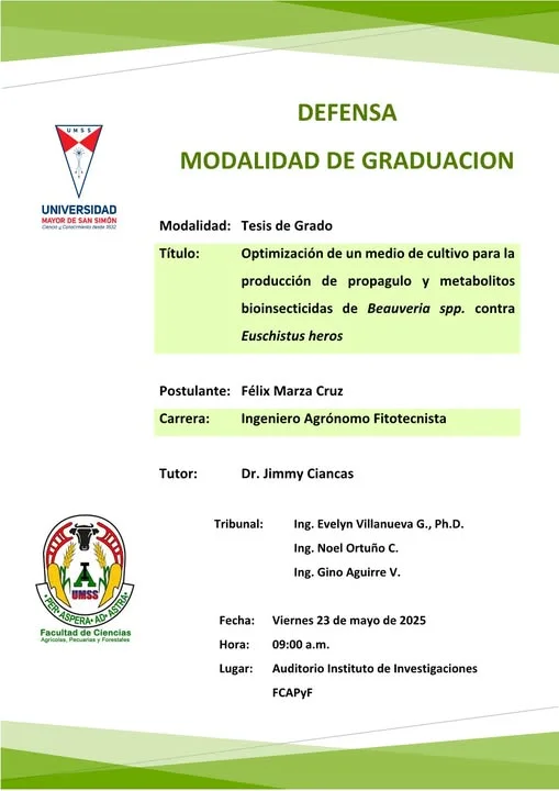 Tesis de Grado PRODUCCIÓN DE PROPÁGULO Y METABOLITOS BIOINSECTICIDAS DE BAUVERIA, en UMSS – Cochabamba, el 23-mayo
