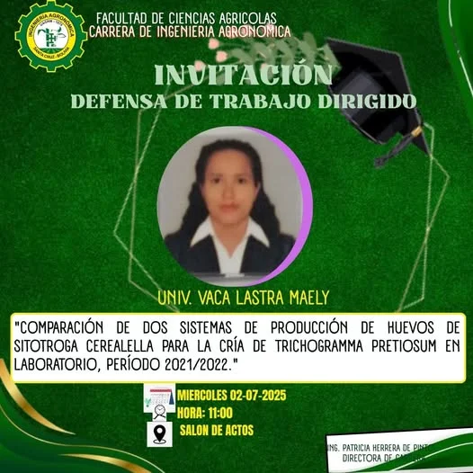 Tesis SISTEMAS DE PRODUCCIÓN DE HUEVOS PARA LA CRÍA DE TRICHOGRAMMA, en UAGRM – Santa Cruz, el 23-junio