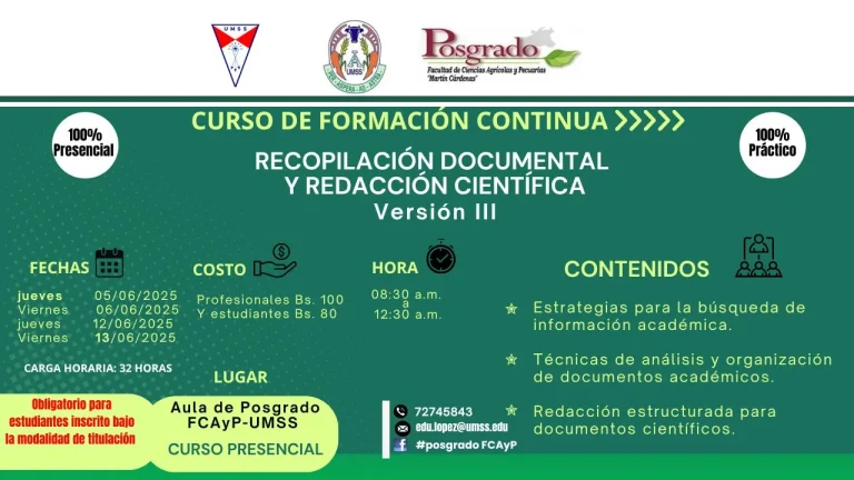 Curso RECOPILACIÓN DOCUMENTAL Y REDACCIÓN CIENTÍFICA, en Cochabamba, el 5 y 6-junio