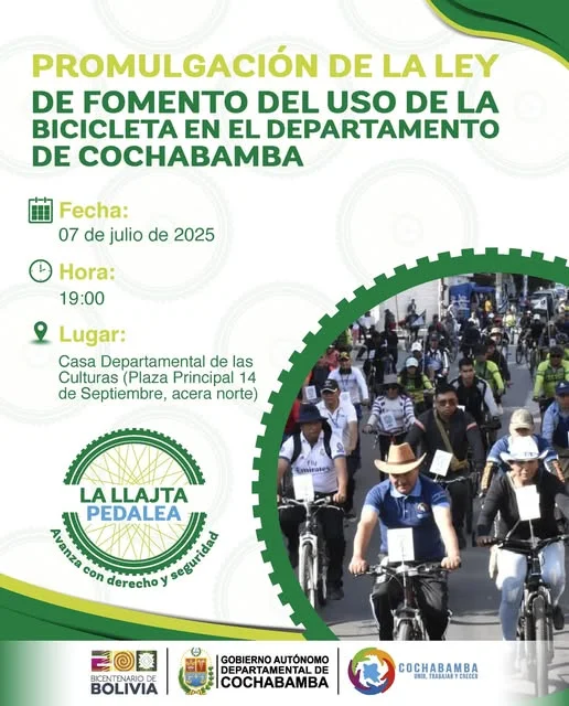 Promulgación LEY DEPARTAMENTAL DE FOMENTO AL USO DE LA BICICLETA, en Cochabamba, el 7-julio