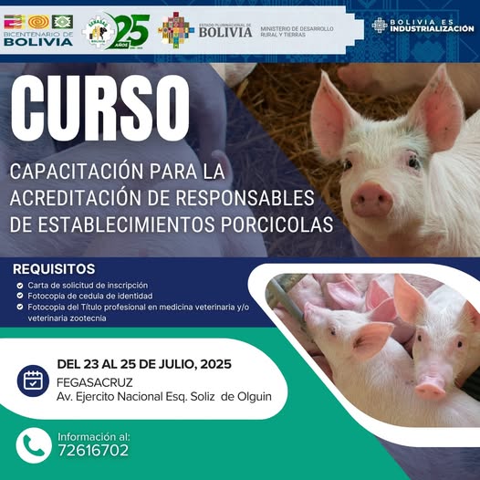 Curso ACREDITACIÓN DE RESPONSABLE DE ESTABLECIMIENTOS PORCíCOLAS, en Santa Cruz, del 23 al 25-julio