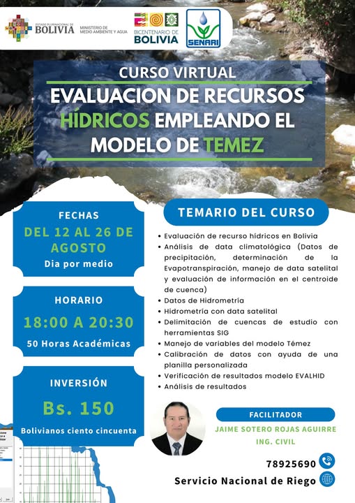 Curso EVALUACIÓN DE RECURSOS HÍDRICOS EMPLEANDO EL MODELO DE TÉMEZ, virtual, del 12 al 26-agosto
