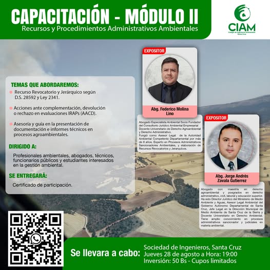 Seminario RECURSOS Y PROCEDIMIENTOS ADMINISTRATIVOS AMBIENTALES, en santa Cruz, el 28-agosto