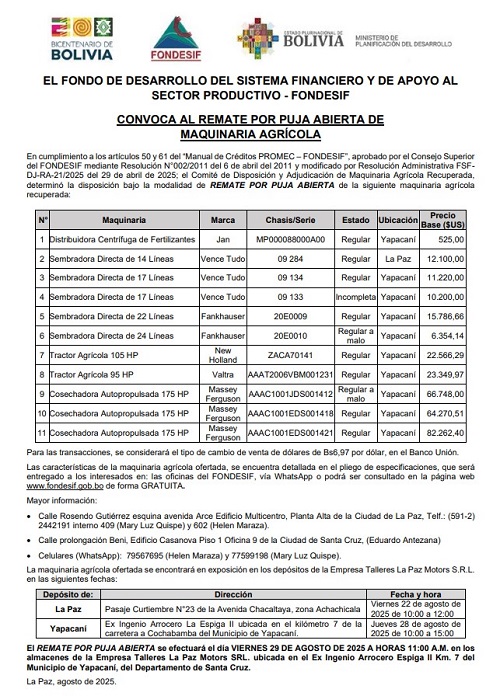 REMATE POR PUJA ABIERTA DE MAQUINARIA AGRÍCOLA RECUPERADA, en Yacapaní – Santa Cruz, el 29-agosto