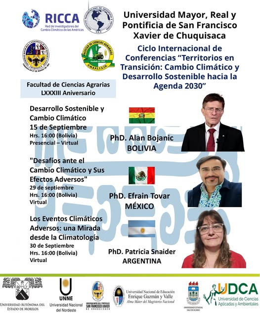 Conferencia CAMBIO CLIMÁTICO Y DESARROLLO SOSTENIBLE HACIA LA AGENDA 2030, en Chuquisaca, del 15 al 30-septiembre