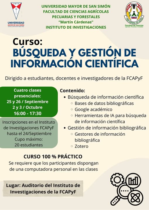 Curso BUSQUEDA Y GESTION DE INFORMACIÓN CIENTÍFICA, en Cochabamba, el 25 y 26-septiembre