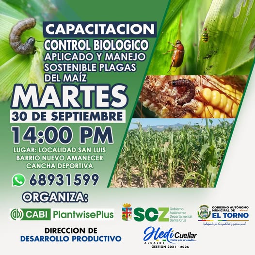 Capacitación CONTROL BIOLÓGICO APLICADO Y MANEJO SOSTENIBLE DE PLAGAS DEL MAÍZ, en El Torno – Santa Cruz, el 30-sept.