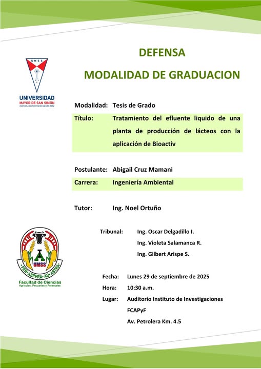 Tesis EFLUENTE LÍQUIDO DE UNA PLANTA DE PRODUCCIÓN DE LÁCTEOS CON BIOACTIVO, en UMSS – Cochabamba, el 29-sept.