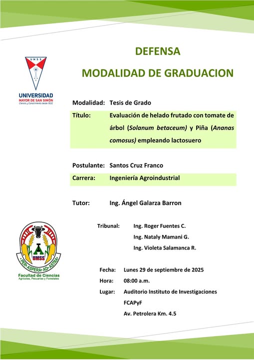 Tesis HELADO FRUTADO CON TOMATE DE ÁRBOL Y PIÑA CON LACTOSUERO, en UMSS – Cochabamba, el 29-sept.