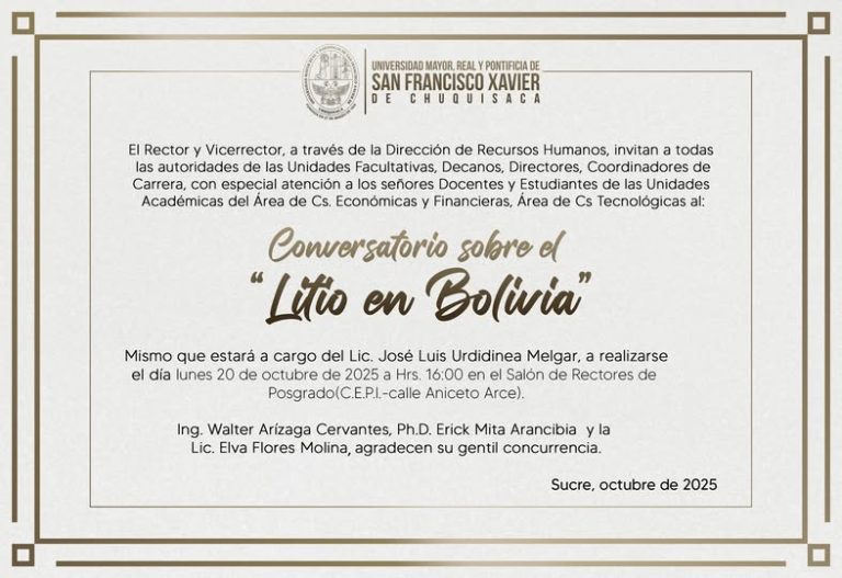 Conversatorio LITIO EN BOLIVIA, en Sucre – Chuquisaca, el 20-octubre