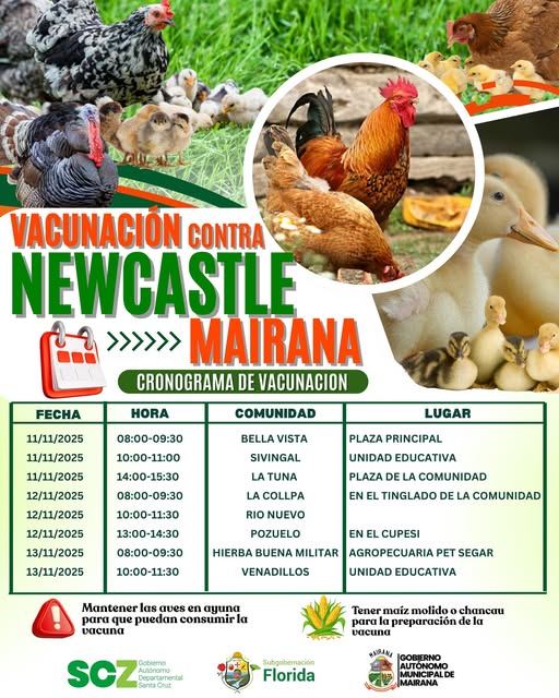 Campaña VACUNACIÓN AVIAR CONTRA LA ENFERMEDAD NEWCASTLE, en Mairana – Santa Cruz, del 11 al 13-nov.