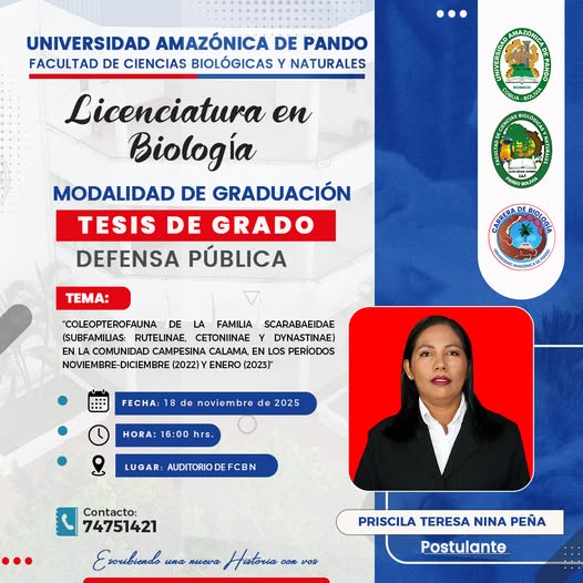 Tesis de Grado COLEOPTEROFAUNA DE LA FAMILIA SCARABAEDAE EN LA COMUNIDAD CALAMA, en la UAP – Pando, el 18 de nov.-2025