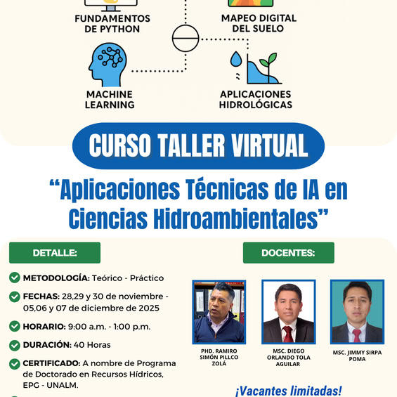 Taller APLICACIONES TÉCNICAS DE IA EN CIENCIAS HIDROAMBIENTALES, virtual, del 28 al 30-nov.