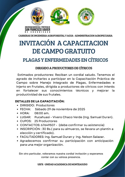 Capacitación PLAGAS Y ENFERMEDADES DE CÍTRICOS, en Monteagudo – Chuquisaca, el 29-nov.