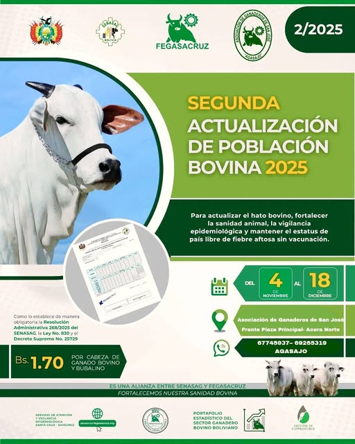 ACTUALIZACIÓN DE POBLACIÓN BOVINA 2025, en Santa Cruz, hasta el 18-dic.