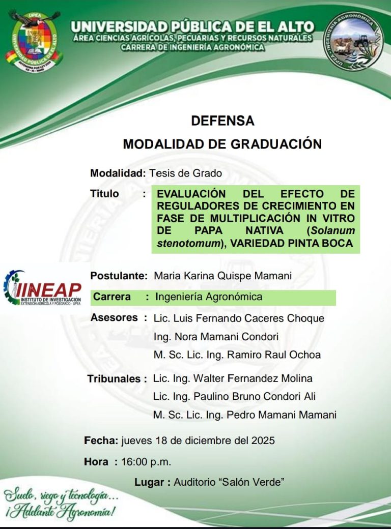 Tesis de grado EFECTO DE REGULADORES DE CRECIMIENTO EN FASE DE MULTIPLICACIÓN, en UPEA – La Paz, el 18-dic.