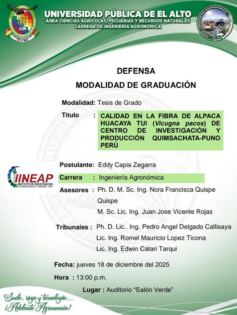 Tesis de grado CALIDAD DE LA FIBRA DE ALPACA HUACAYA TUI, en UPEA – La Paz, el 18-dic.
