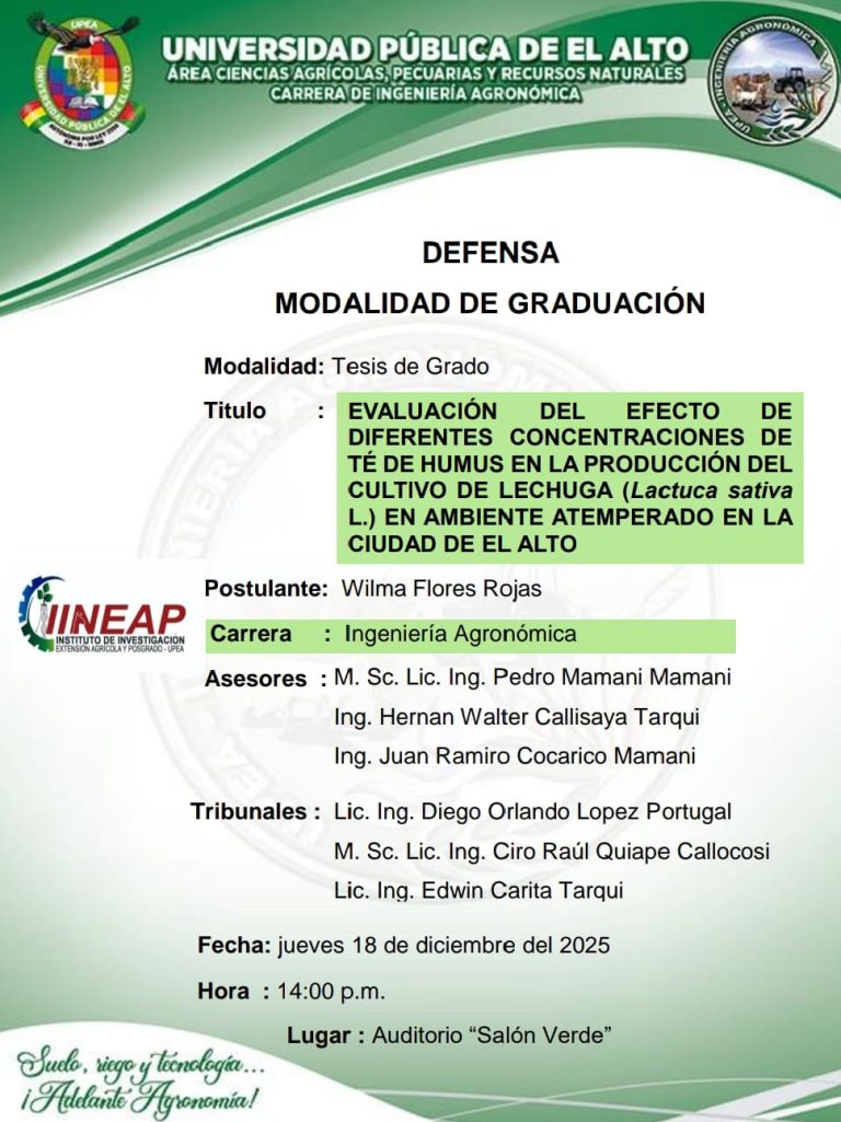Tesis de grado CONCENTRACIONES DE TÉ DE HUMUS EN LA PRODUCCIÓN DE LECHUGA, en UPEA – La Paz, el 18-dic.