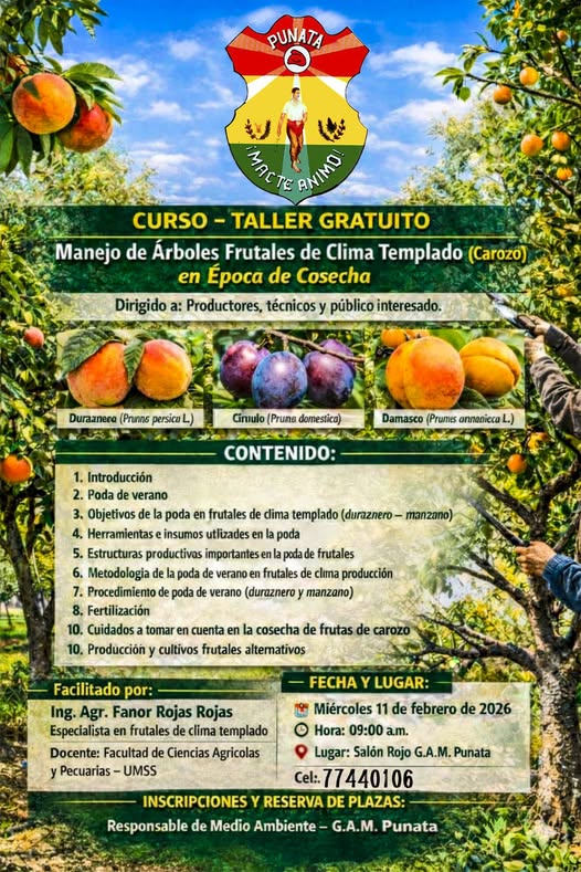 Taller MANEJO DE ÁRBOLES FRUTALES DE CLIMA TEMPLADO, en Punata – Cochabamba, el 11-febrero