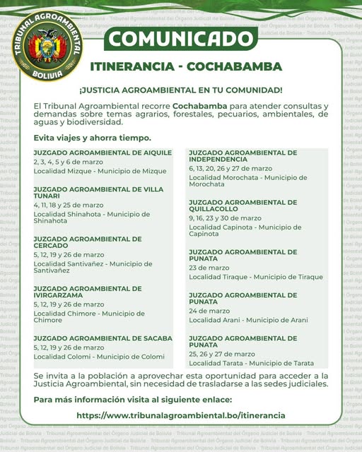 Itinerancia TRIBUNAL AGROAMBIENTAL, en Cochabamba, en marzo