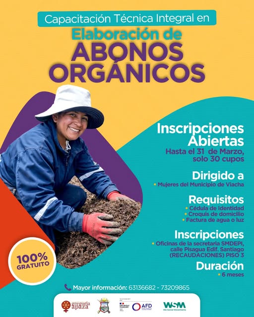 Capacitación “Técnica integral en elaboración de abonos orgánicos” en Viacha – La Paz, inscripciones hasta 31-marzo