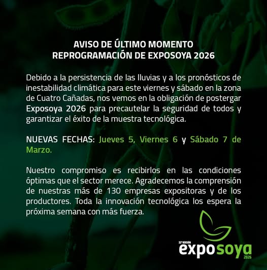 REPROGRAMACIÓN – EXPOSOYA 2026, en Santa Cruz, del 5 al 7-marzo