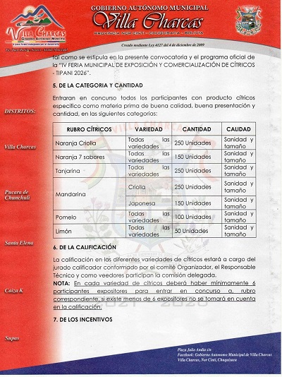 Feria de exposición y comercialización de Cítricos, en Villa Charcas – Chuquisaca, el 20-mayo
