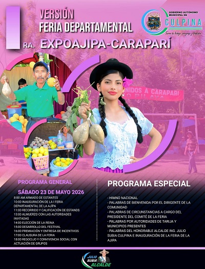 Feria departamental productiva y gastronómica de la AJIPA, en Culpina – Chuquisaca, el 23-mayo
