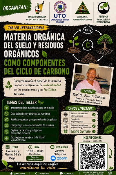 Taller “Materia orgánica del suelo y residuos orgánicos como componentes del ciclo de carbono”, virtual, el 25-mayo