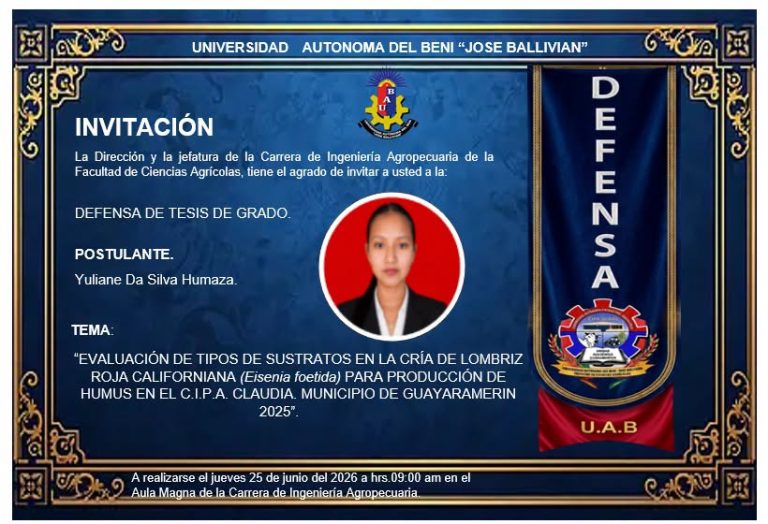 Tesis de grado “Evaluación de tipos de sustratos en la cría de lombriz roja californiana…”, en UAJB – Beni, el 25-junio