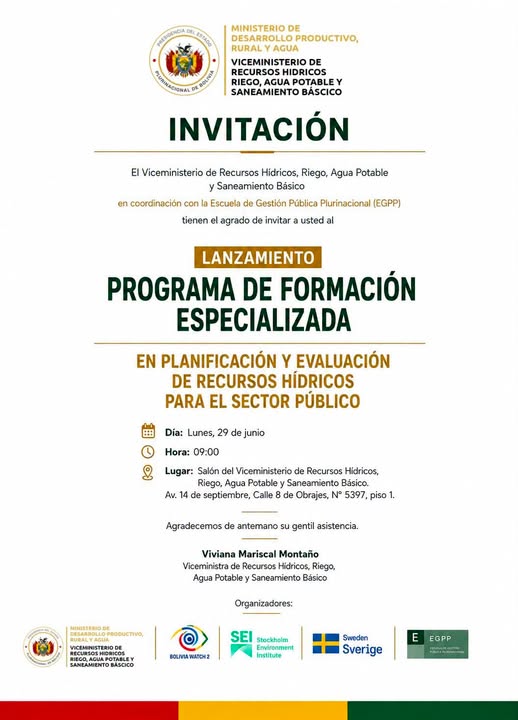 Lanzamiento “Programa de Formación Especializada en Planificación y Evaluación de Recursos Hídricos”, en La Paz, el 29-junio