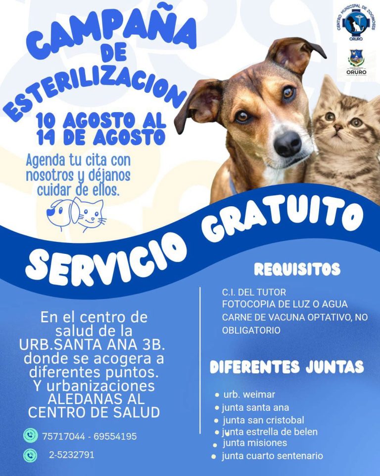 Campaña de Esterilización de mascotas, en Oruro, del 10 al 14-agosto
